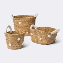 Braided Water Hyacinth With Tufted Embroidery Medium Round Storage Basket - Cloud Island™ -Cloud Island GUEST a7bd05cd bca9 4965 97c1 315288e11582